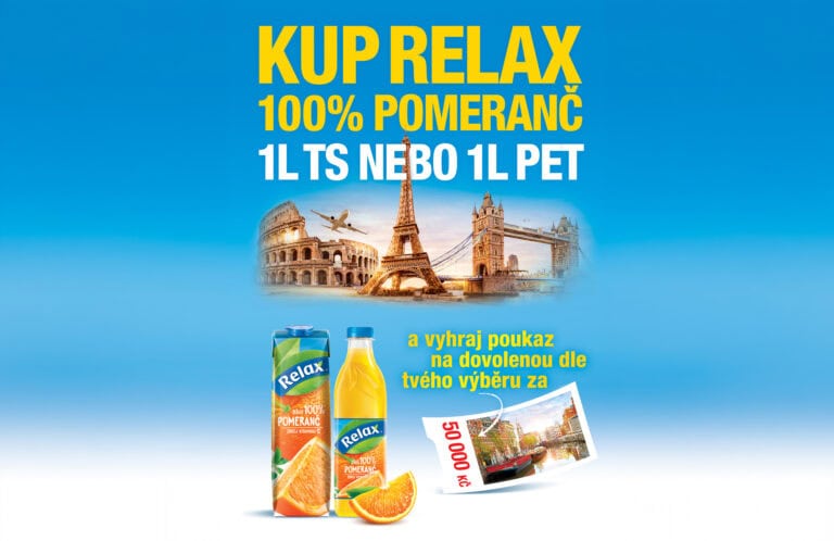 Džúsy Relax 100% pomaranč, osviežujúci nápoj v PET fľaši s obrázkom pomaranča, ideálny na leto alebo relaxáciu.